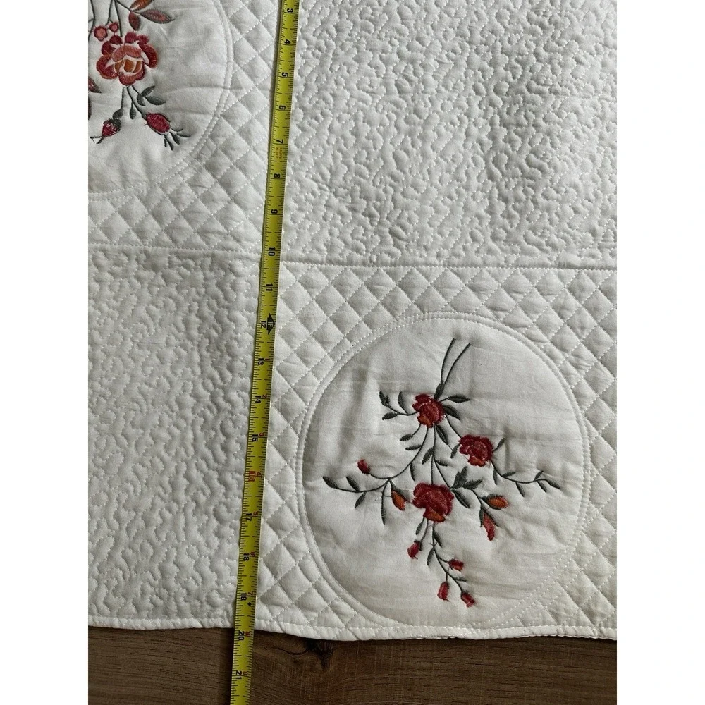 Queen/king quilted coverlet, 86 x 102 white, red floral embroidery Lightweight